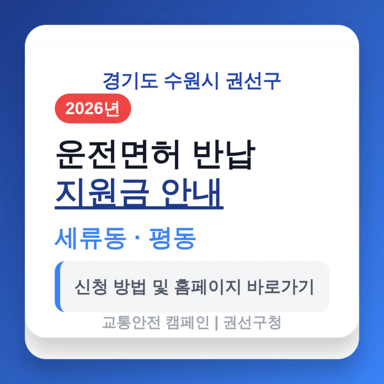 경기도 수원시 권선구 2026 운전면허 반납 지원금 및 세류동·평동 신청 홈페이지 | 2026 완벽 가이드
