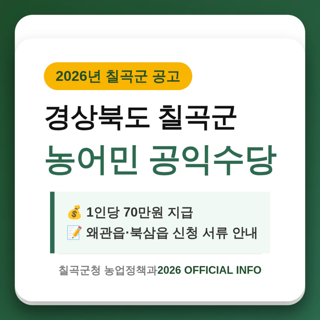 경상북도 칠곡군 농어민 공익수당 1인당 70만원 및 왜관읍·북삼읍 신청 서류 | 2026 완벽 가이드