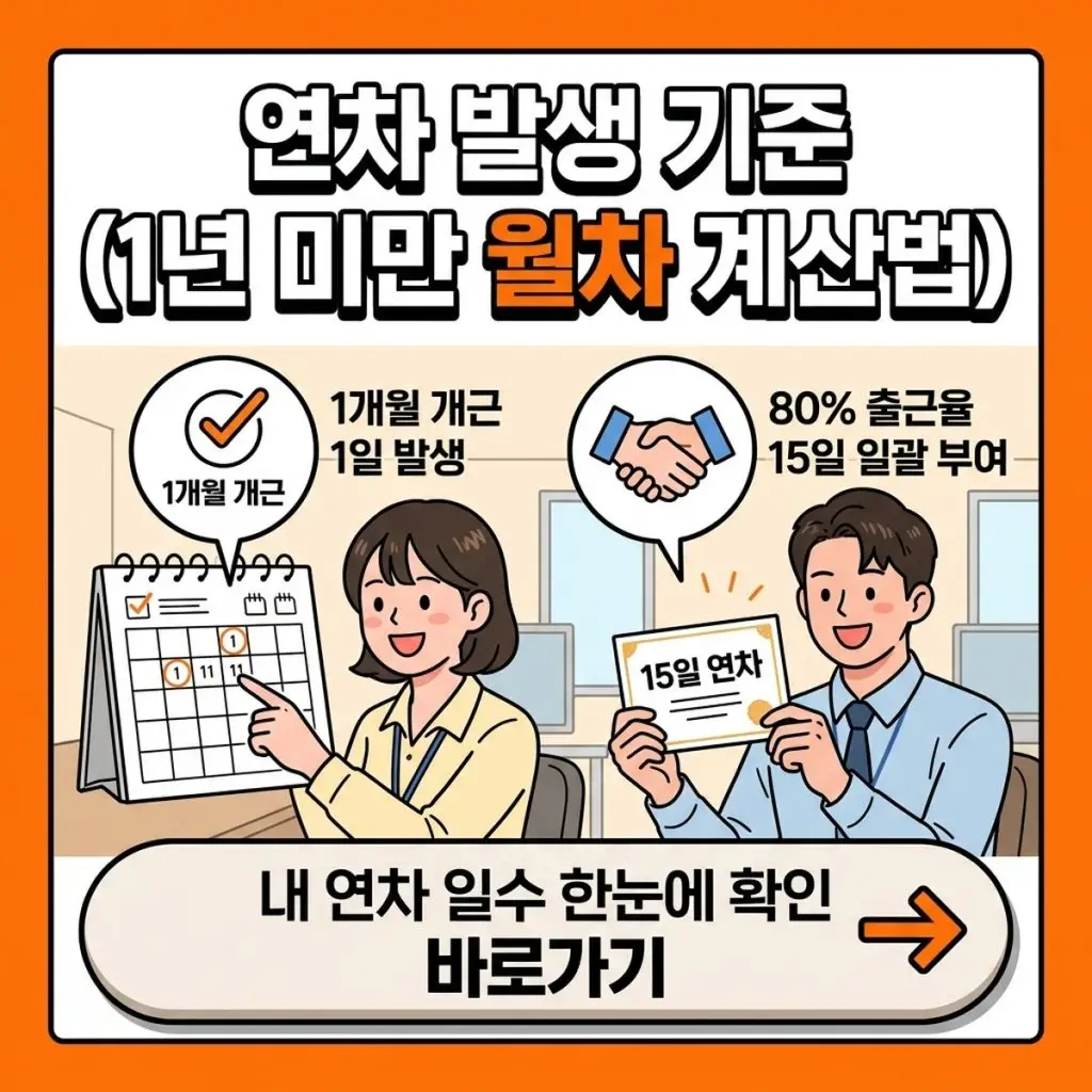 연차 발생 기준 (1년 미만 월차·80% 출근율·중도입사자 계산법)