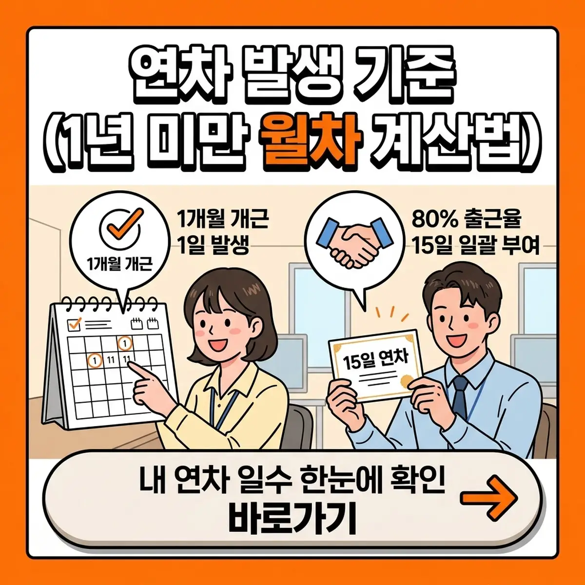 연차 발생 기준 (1년 미만 월차·80% 출근율·중도입사자 계산법)